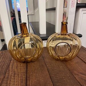 Amber Glass Pumpkin Votive Holders - Set of 2